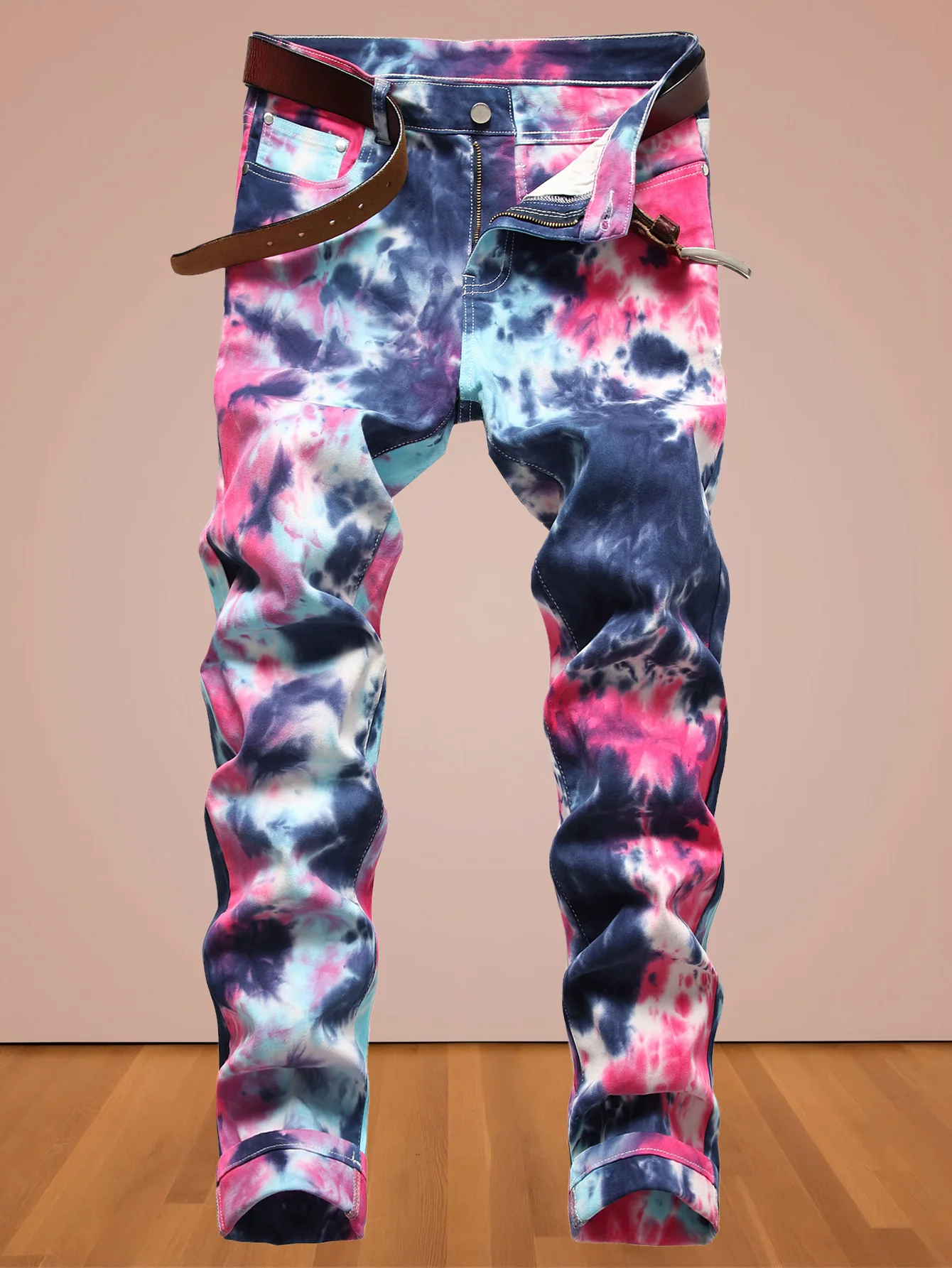 Męskie jeansy farbowane tie-dye z elastycznym ściągaczem Wielo