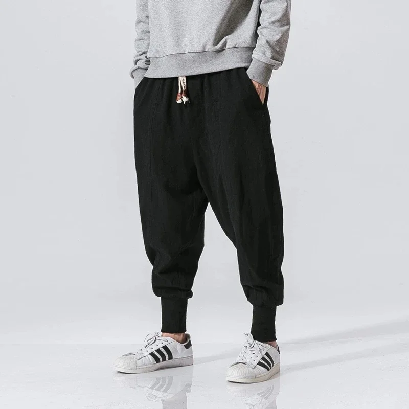 Męskie lniane spodnie joggery z luźnym krojem 46black