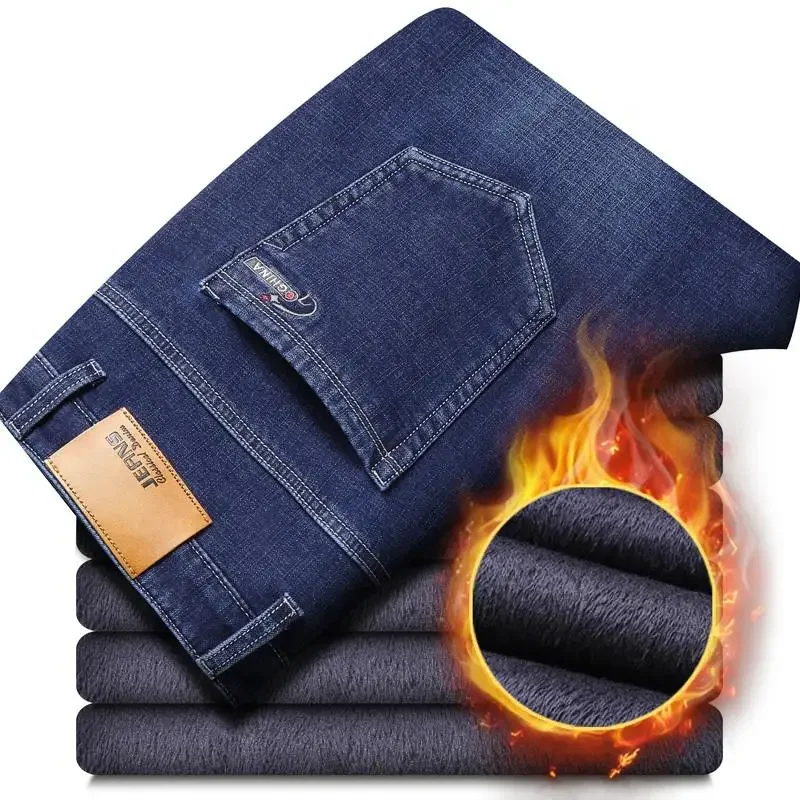 Męskie ocieplane jeansy zimowe slim fit z podszewką Niebieski