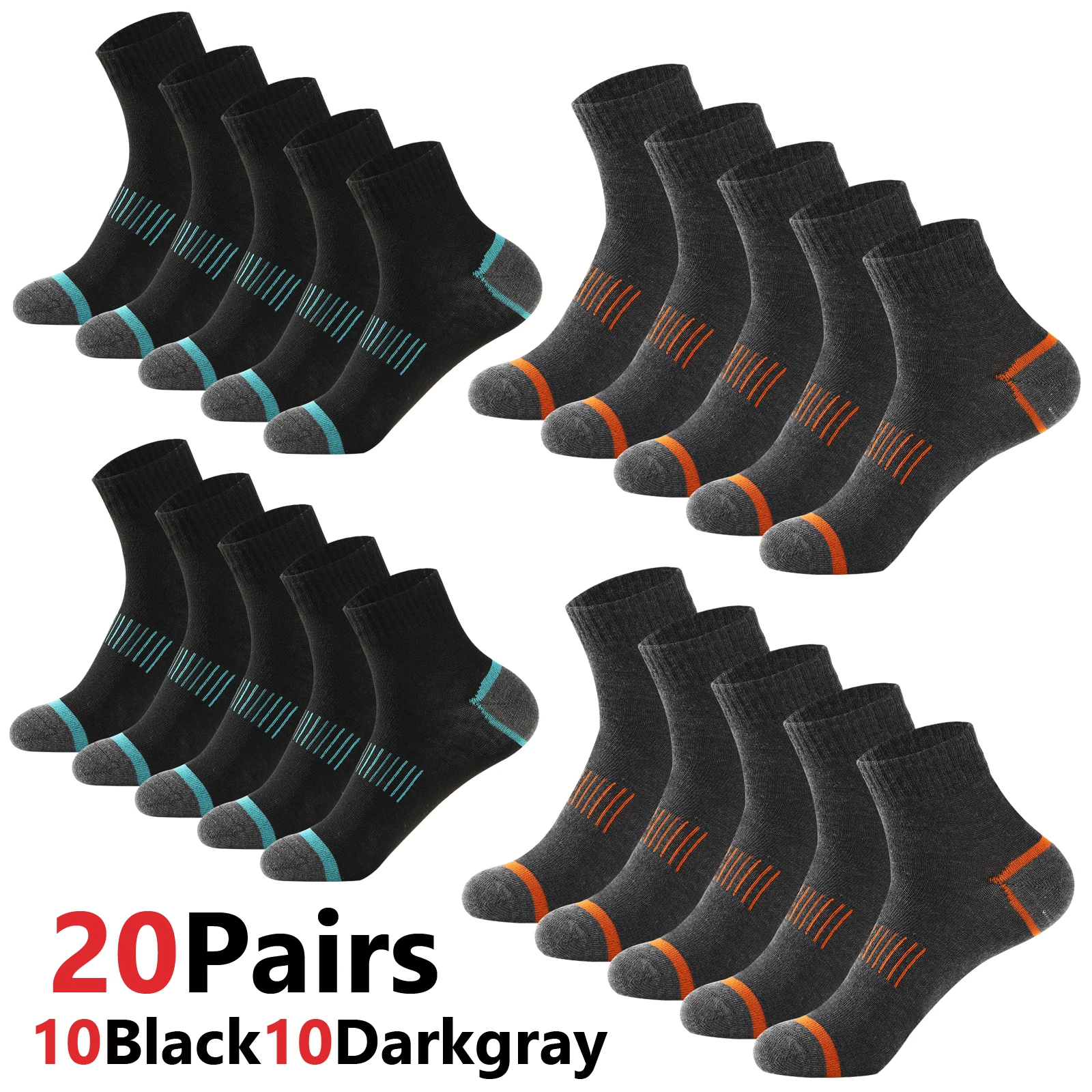 Męskie skarpety bawełniane sportowe, zestaw, czarne, rozmiar 38-45 20pairs 10bl10dagr