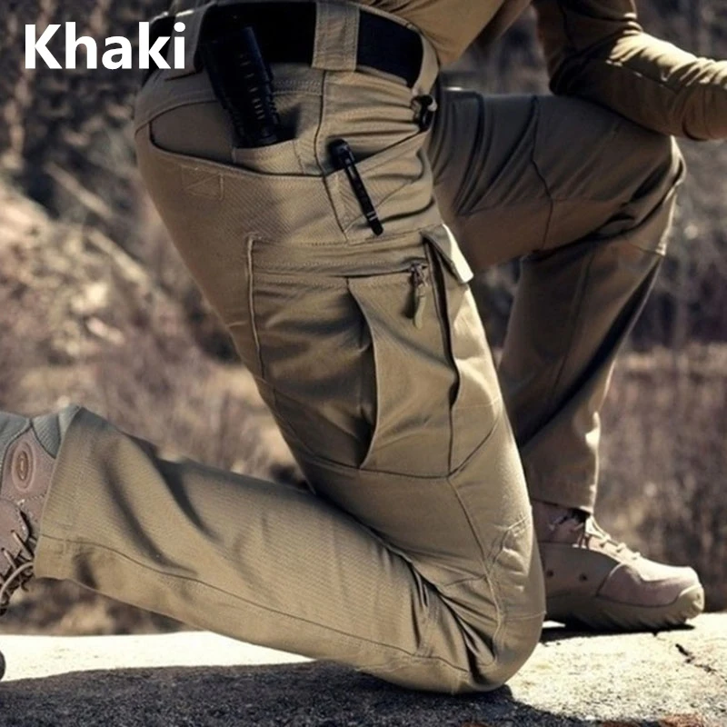 Męskie spodnie bojówki taktyczne z kieszeniami plus size Khaki