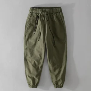 Męskie bawełniane spodnie cargo z gumą w pasie - luźne joggery na co dzień Khaki