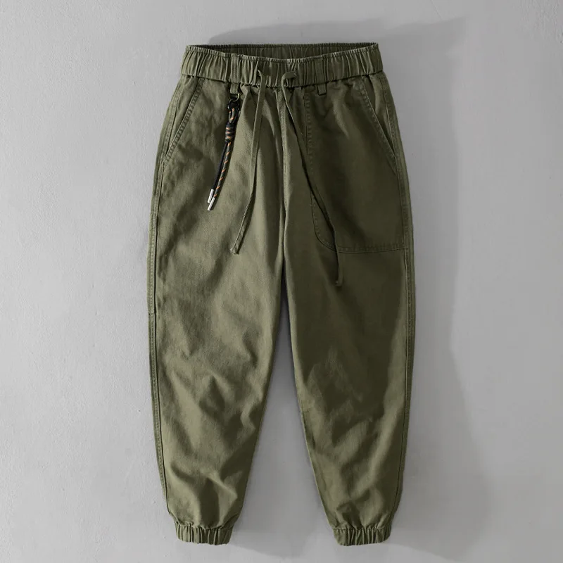 Męskie bawełniane spodnie cargo z gumą w pasie - luźne joggery na co dzień Khaki