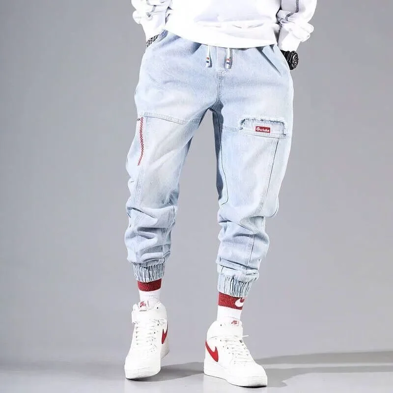 Męskie spodnie cargo jeans baggy w stylu streetwear Błękitny