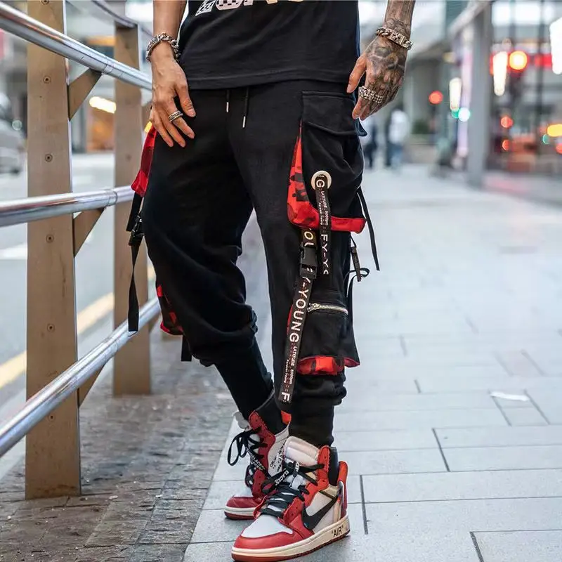 Męskie spodnie cargo streetwear z kieszeniami i sznurkami K1