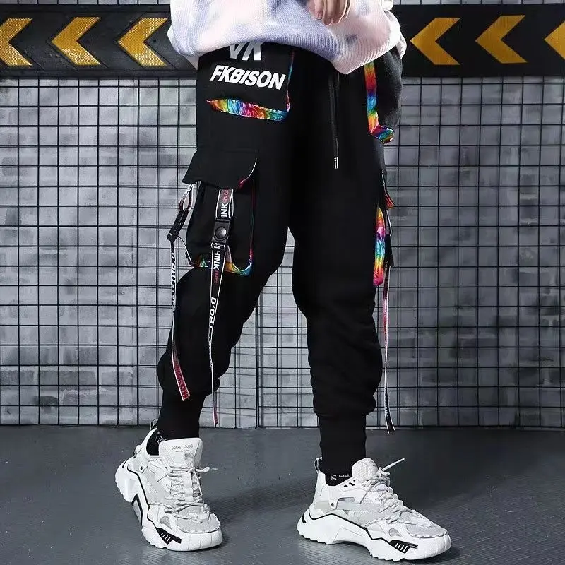 Męskie spodnie cargo streetwear z kieszeniami i sznurkami K3