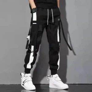 Męskie spodnie cargo streetwear z kieszeniami i sznurkami K4