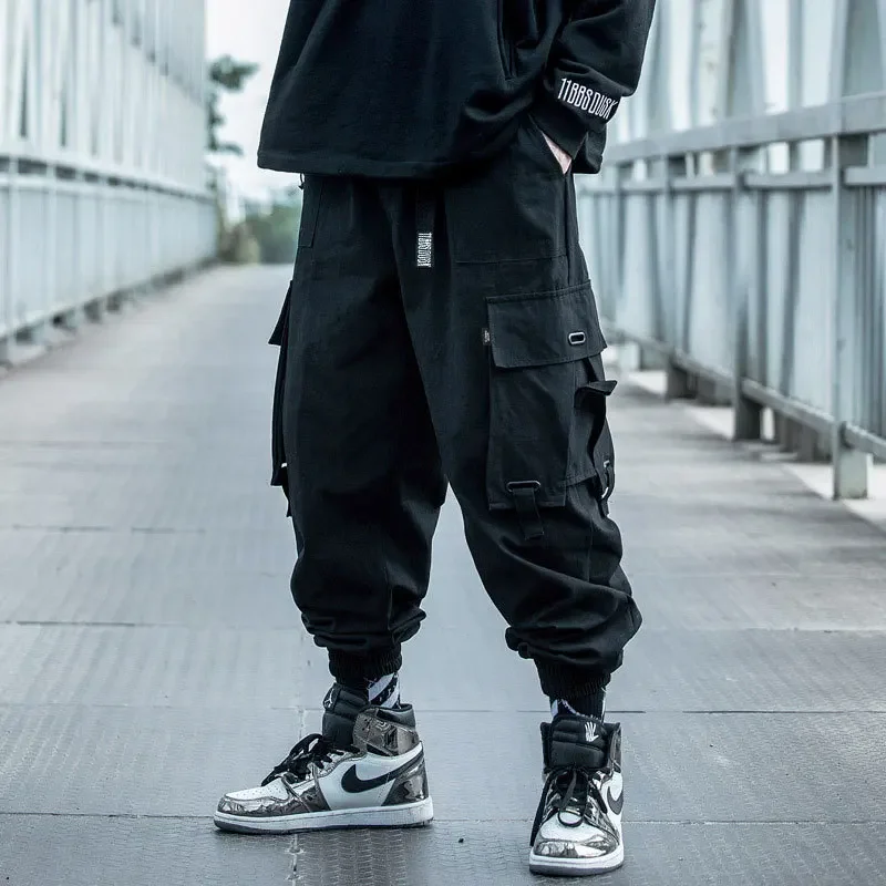 Męskie spodnie cargo streetwear z kieszeniami i sznurkami K5