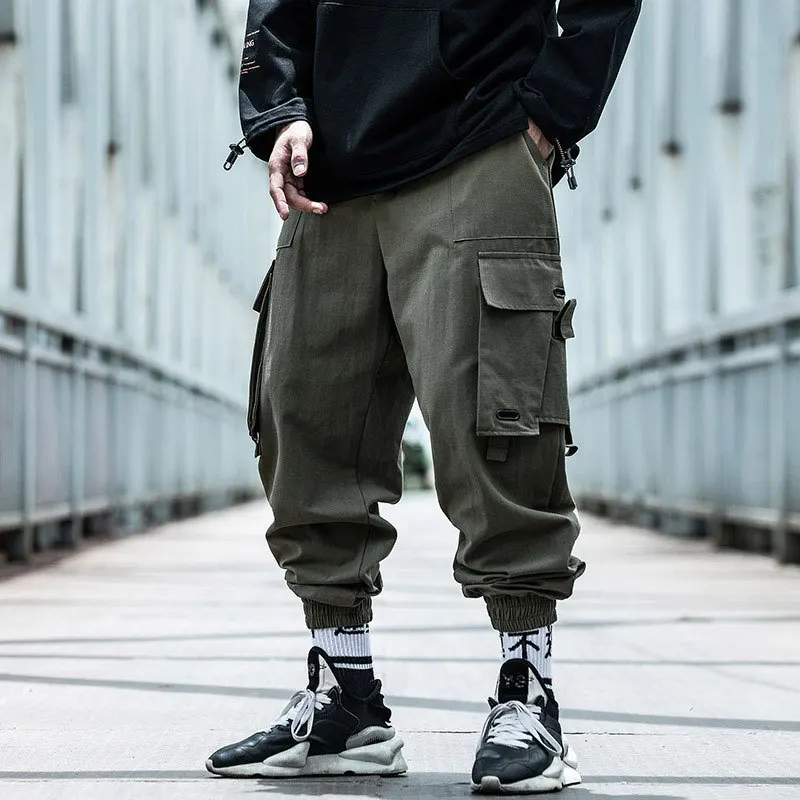 Męskie spodnie cargo streetwear z kieszeniami i sznurkami K6