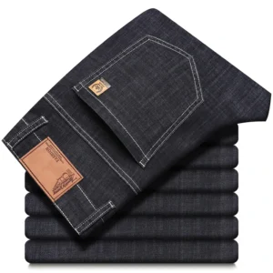 Męskie spodnie jeansowe slim, cienki stretch denim na lato Czarny