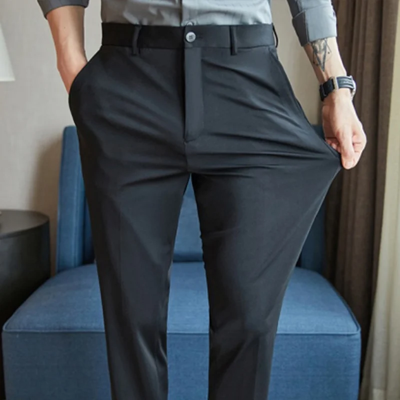Męskie spodnie letnie eleganckie - cienkie, elastyczne, niemnące Czarny