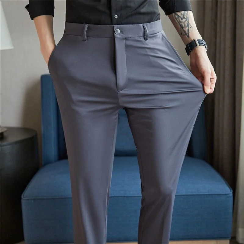 Męskie spodnie letnie eleganckie - cienkie, elastyczne, niemnące Jasnoszary