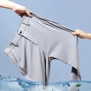 Męskie spodnie letnie z lodowego jedwabiu Slim Fit Szary