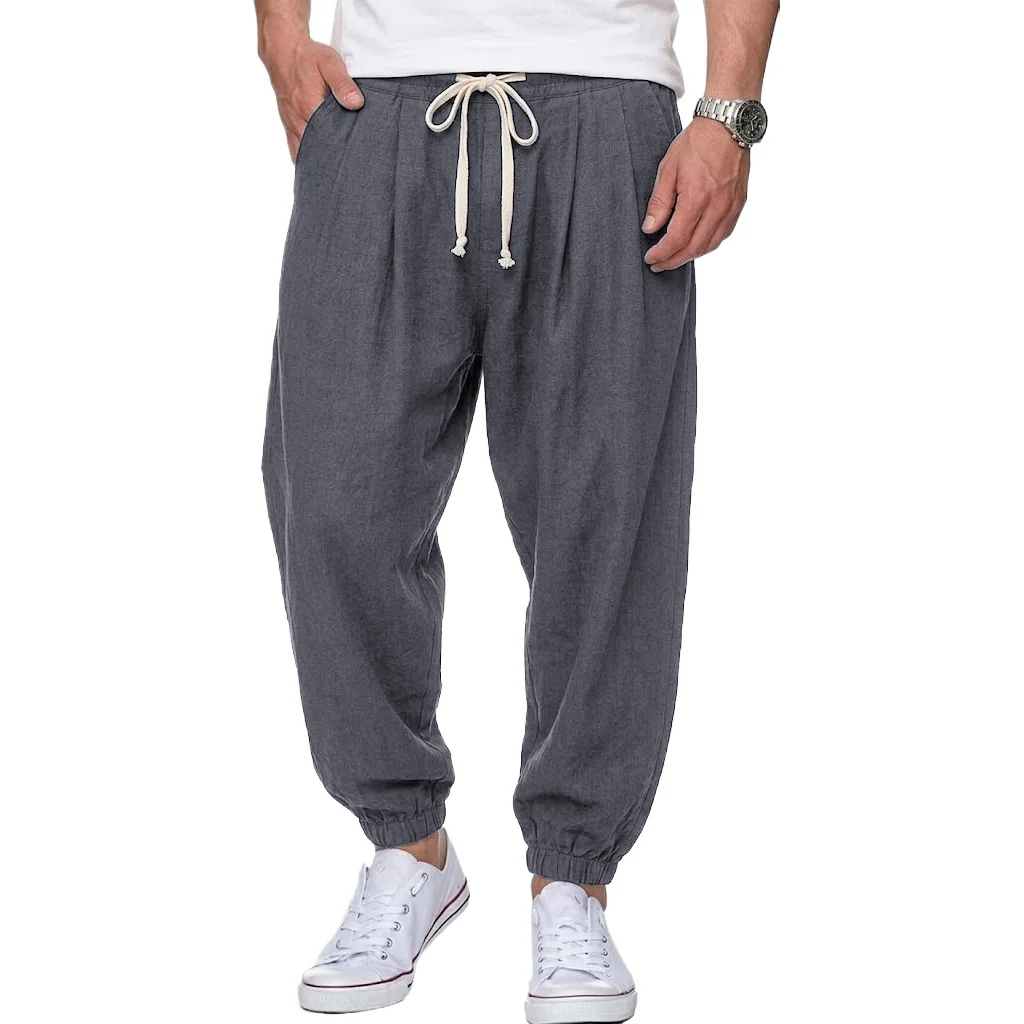 Męskie spodnie lniane luźne typu baggy Szary