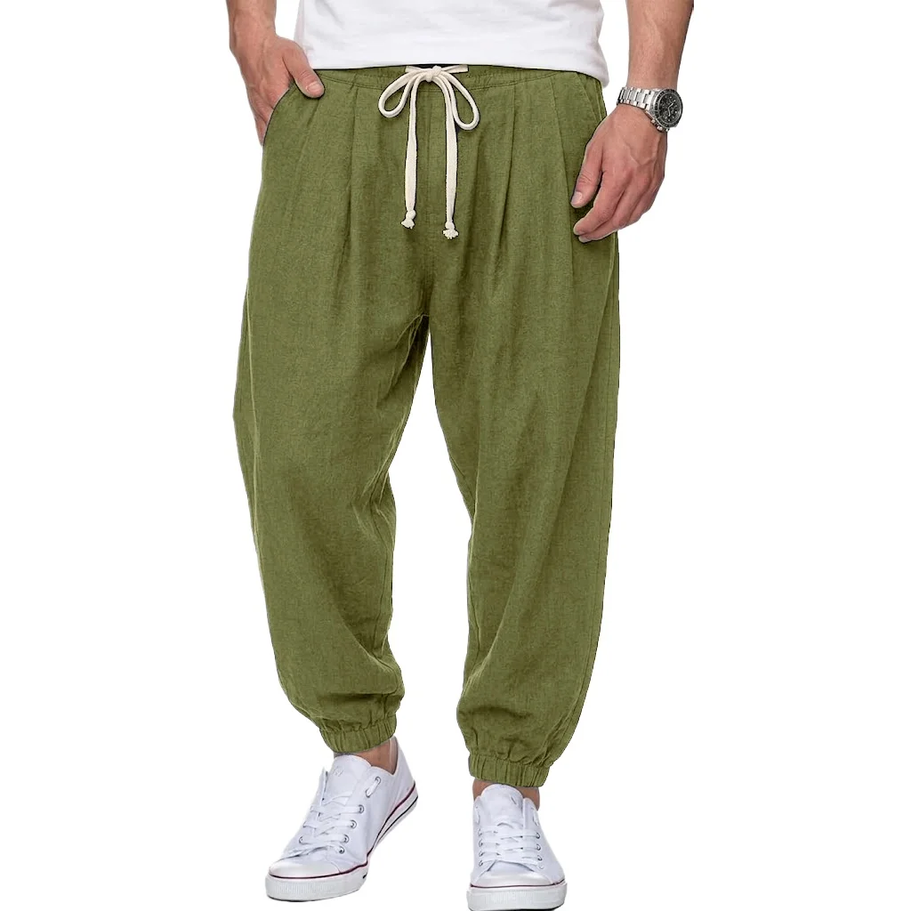 Męskie spodnie lniane luźne typu baggy Zielony