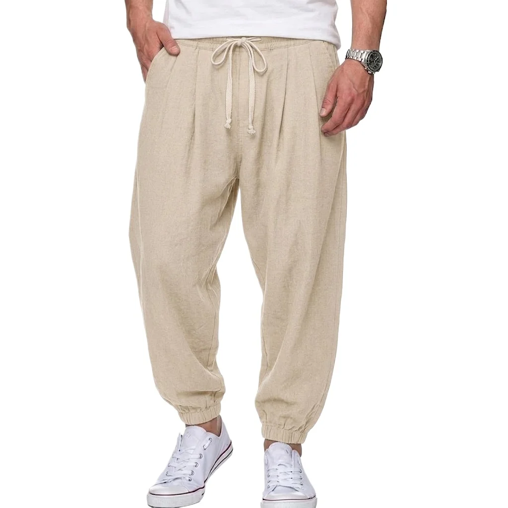 Męskie spodnie lniane luźne typu baggy Khaki