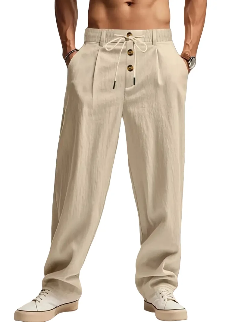 Męskie spodnie lniane luźne na lato w stylu streetwear Khaki