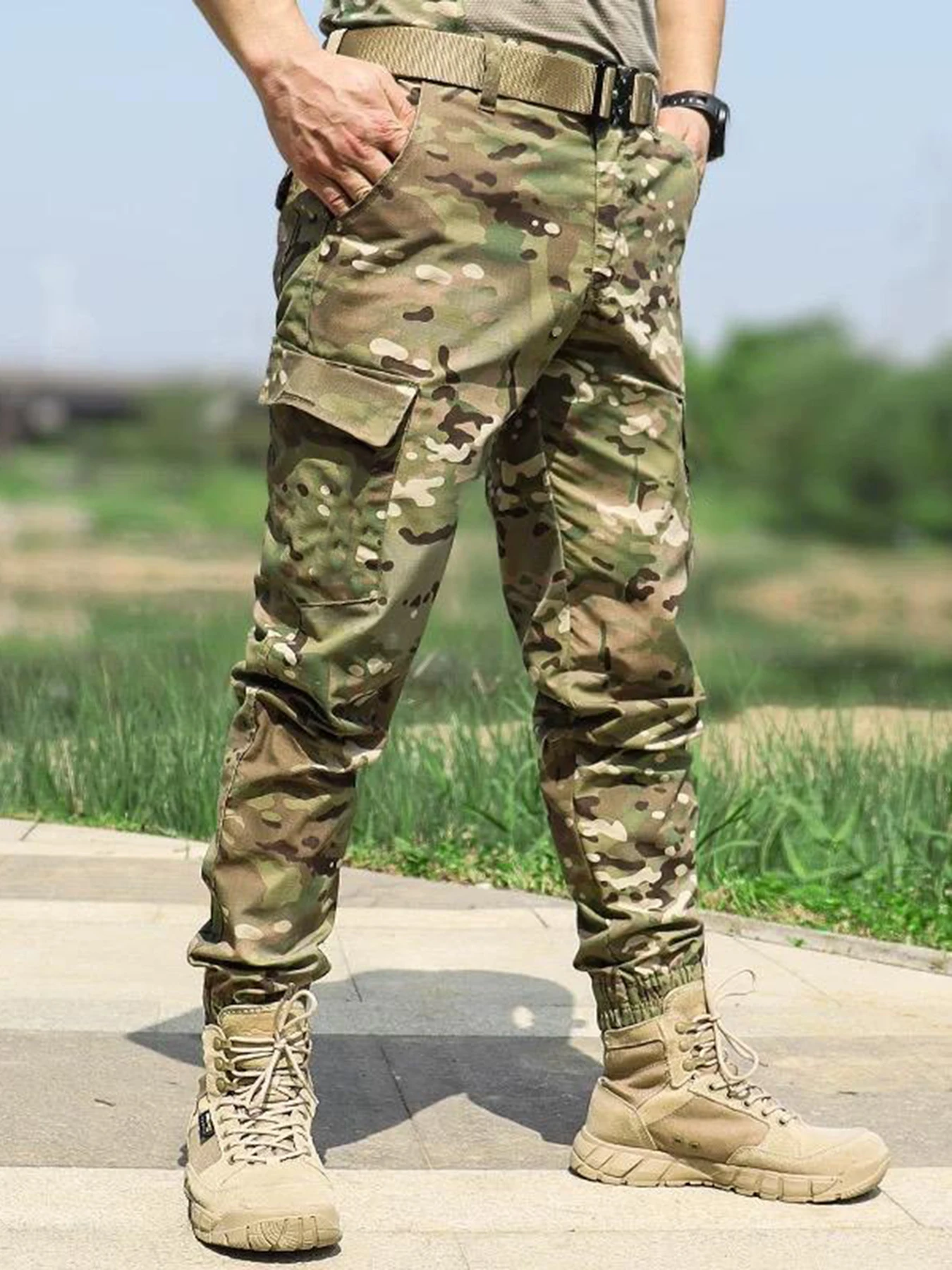 Męskie spodnie taktyczne cargo Ripstop, outdoorowe Khaki