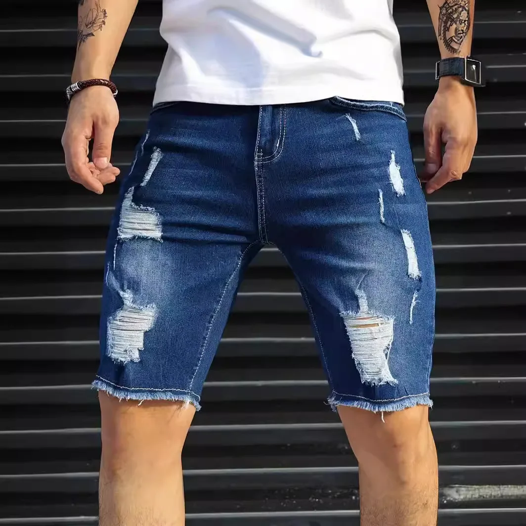 Męskie jeansowe szorty z przetarciami slim Y232