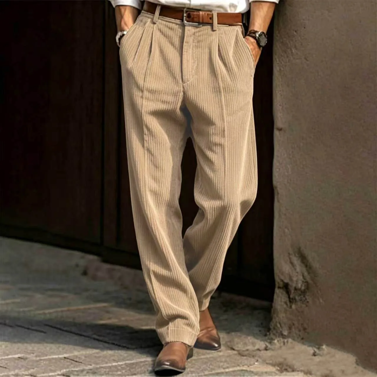 Męskie sztruksowe spodnie casual w prążek Khaki