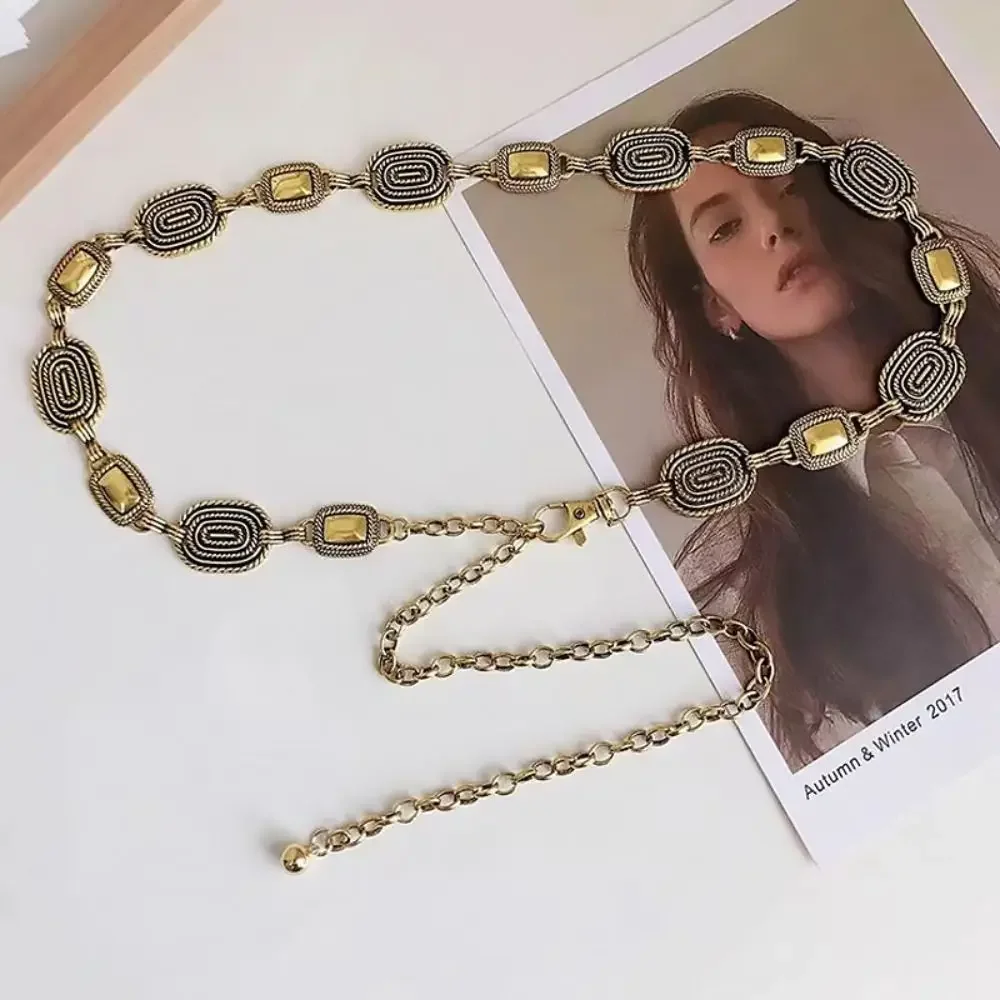 Metalowy łańcuszek na talię - regulowany pasek biodrowy w stylu retro Kolba