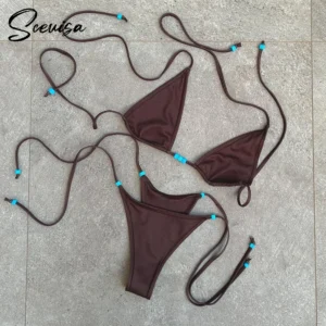 Mikro bikini halter damskie z niskim stanem i stringami Beżowy