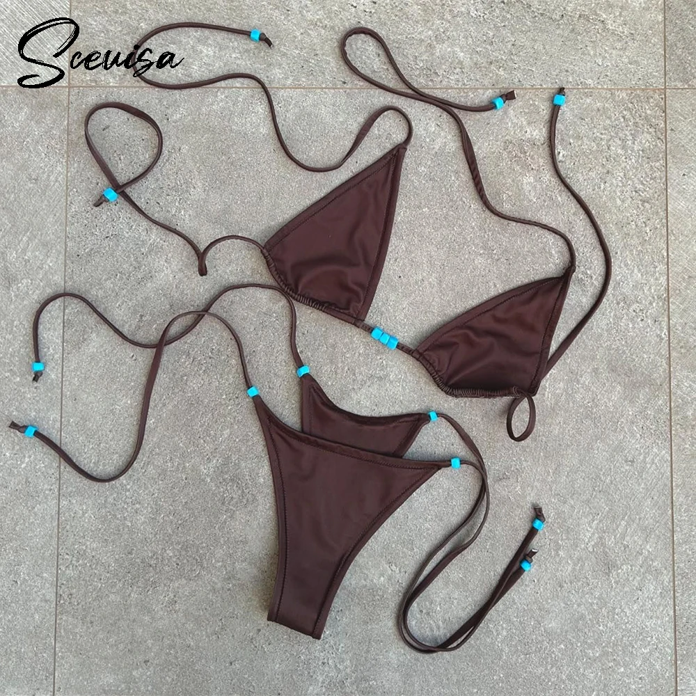 Mikro bikini halter damskie z niskim stanem i stringami Beżowy