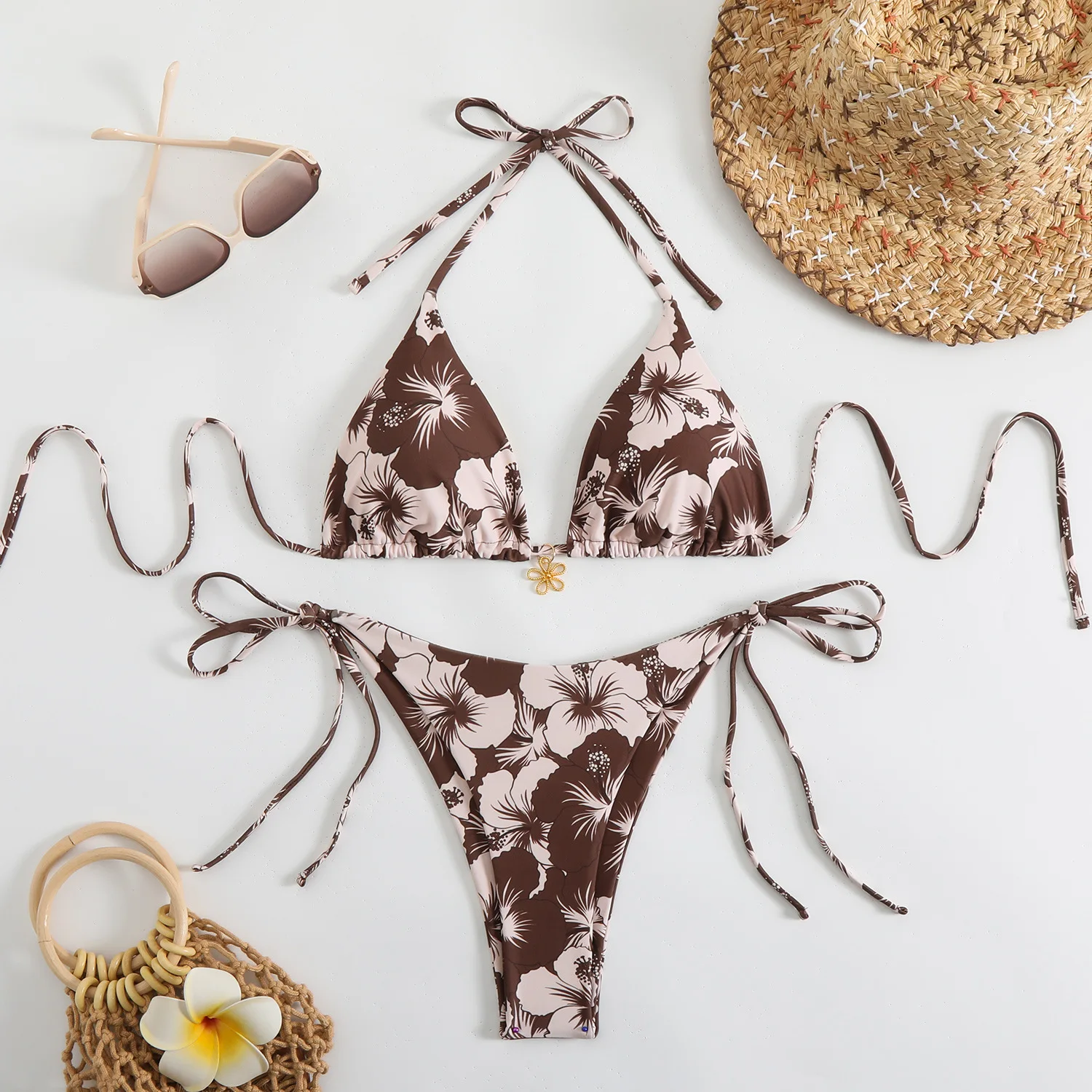 Mikro bikini damskie stringi — dwuczęściowy strój kąpielowy na plażę Brązowy