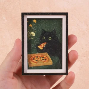 Mini ramka na zdjęcia magnes na lodówkę - czarny kot i pizza Wielo