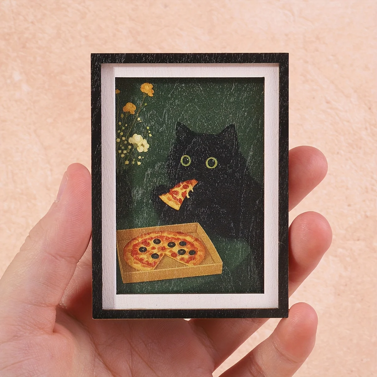 Mini ramka na zdjęcia magnes na lodówkę - czarny kot i pizza Wielo