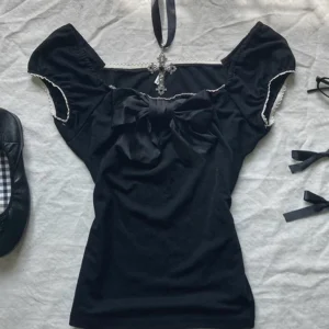 Mini spódniczka Y2K Harajuku punk rock z kokardą crop top Czarny