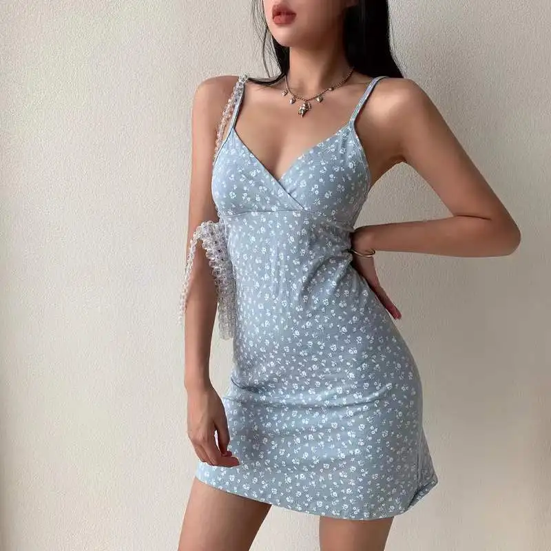 Mini sukienka na ramiączkach w kwiaty z dekoltem V w stylu vintage 4qianlansexiaohua