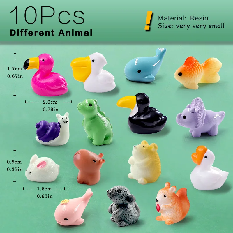 Miniaturowe figurki zwierząt - zestaw 10 sztuk do ogrodu wróżek Srebrny