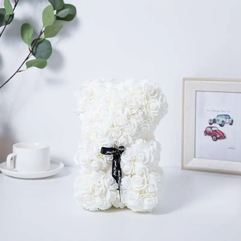 Miś z różami 25 cm przytulanka z sztucznych kwiatów prezent Biały