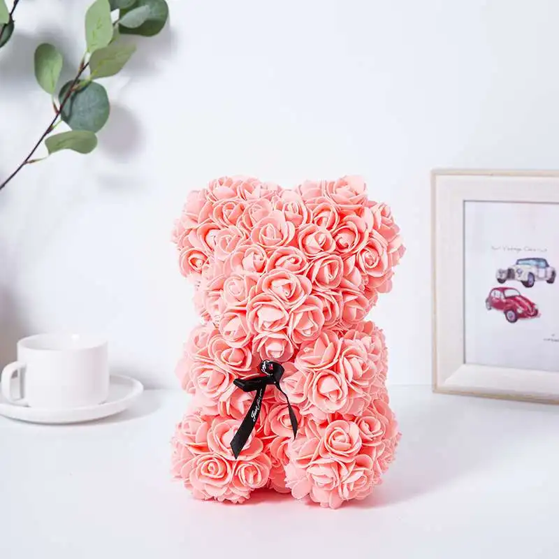Miś z różami 25 cm przytulanka z sztucznych kwiatów prezent Głęboki róż