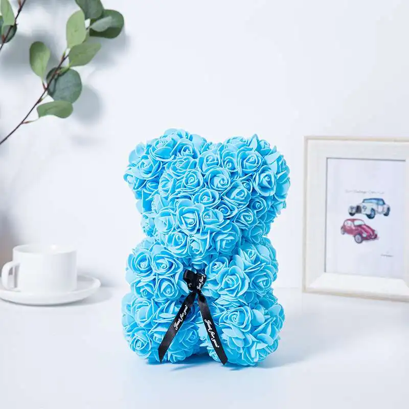 Miś z różami 25 cm przytulanka z sztucznych kwiatów prezent Niebieski