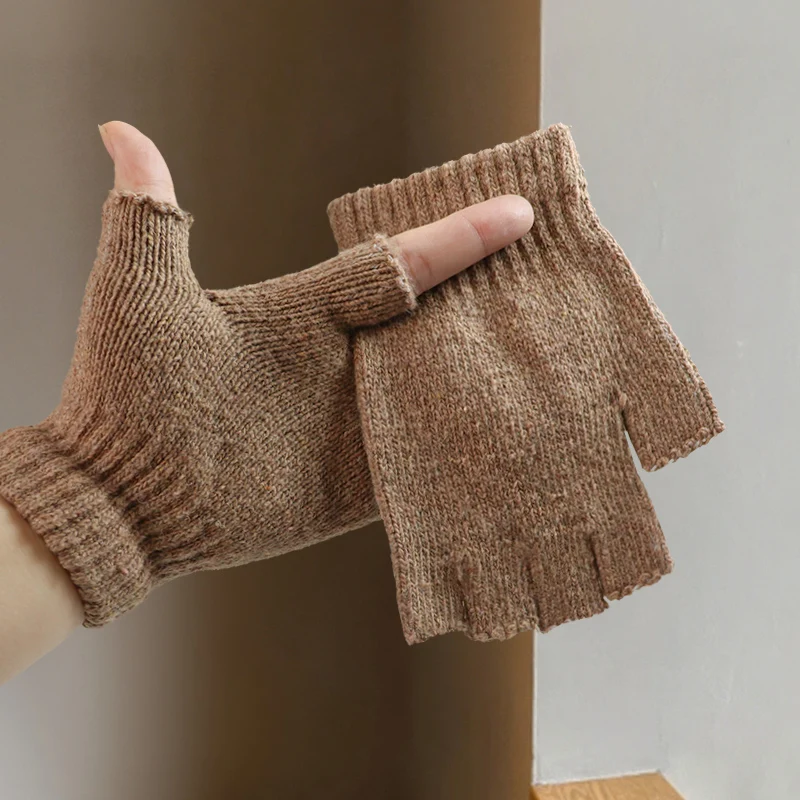 Mitenki bez palców wełniane dwustronne pogrubione unisex Khaki