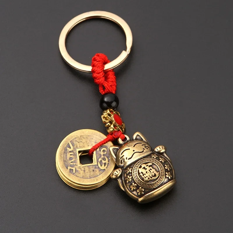 Mosiężny brelok z chińską monetą szczęścia — Feng Shui Lucky Cat Jasnozielony