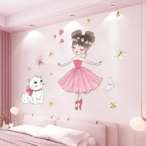 Dekoracyjna naklejka scienna dziewczynka motylek i kociak Różowy