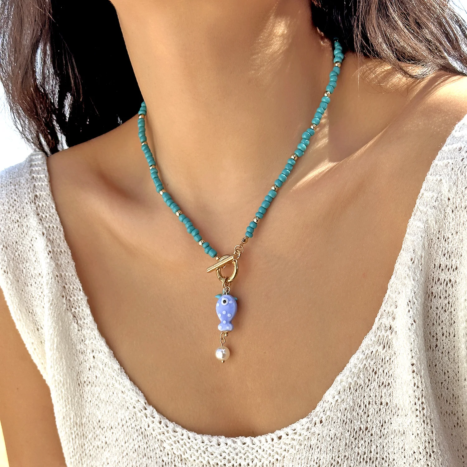 Naszyjnik choker ceramiczny z rybami i rozgwiazdami plażowy Nc25y0362 1