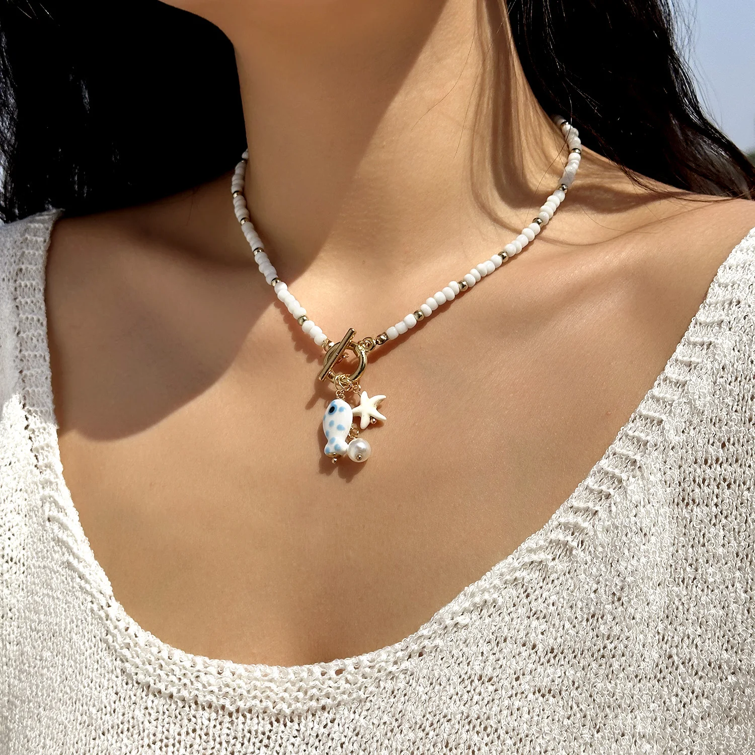 Naszyjnik choker ceramiczny z rybami i rozgwiazdami plażowy Nc25y0362 2