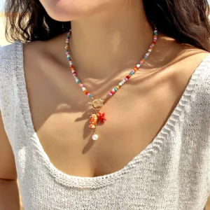Naszyjnik choker ceramiczny z rybami i rozgwiazdami plażowy Nc25y0362 3