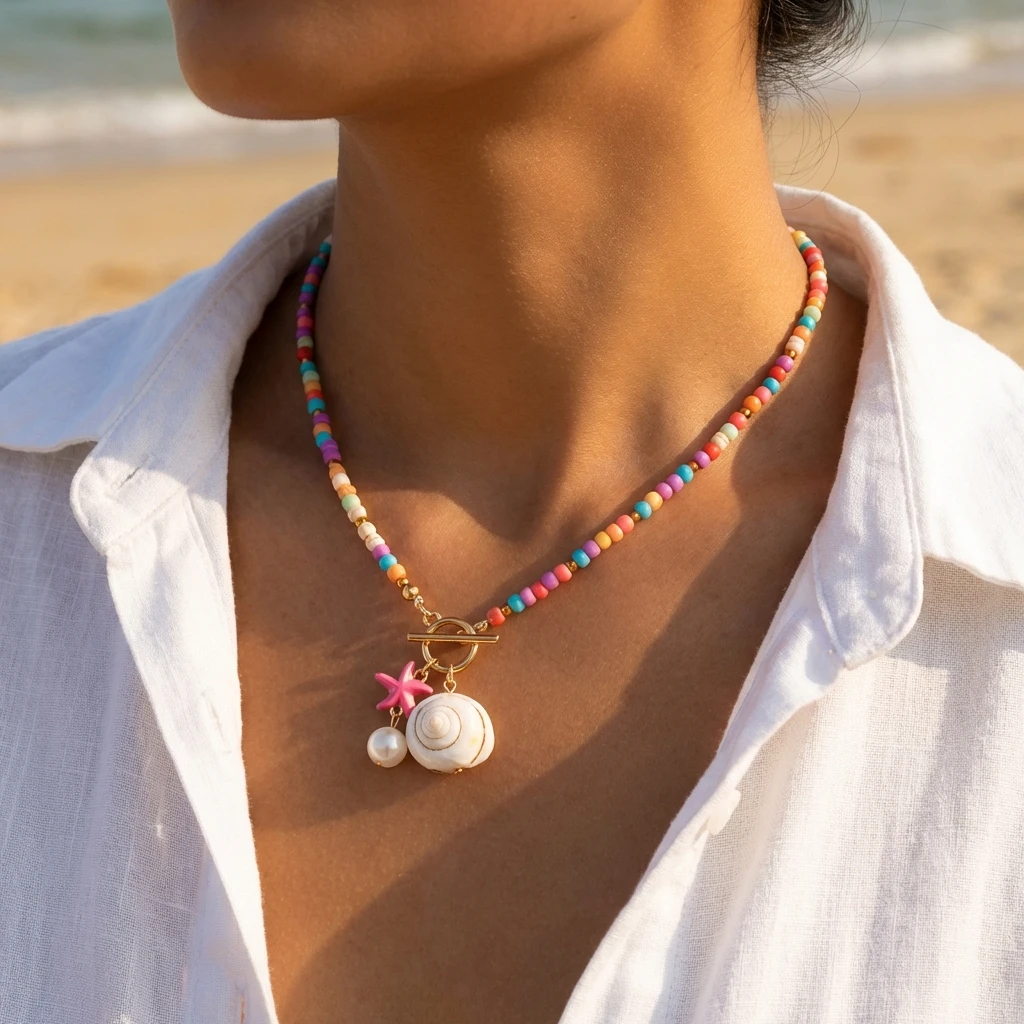 Naszyjnik choker ceramiczny z rybami i rozgwiazdami plażowy Nc26y0071 1