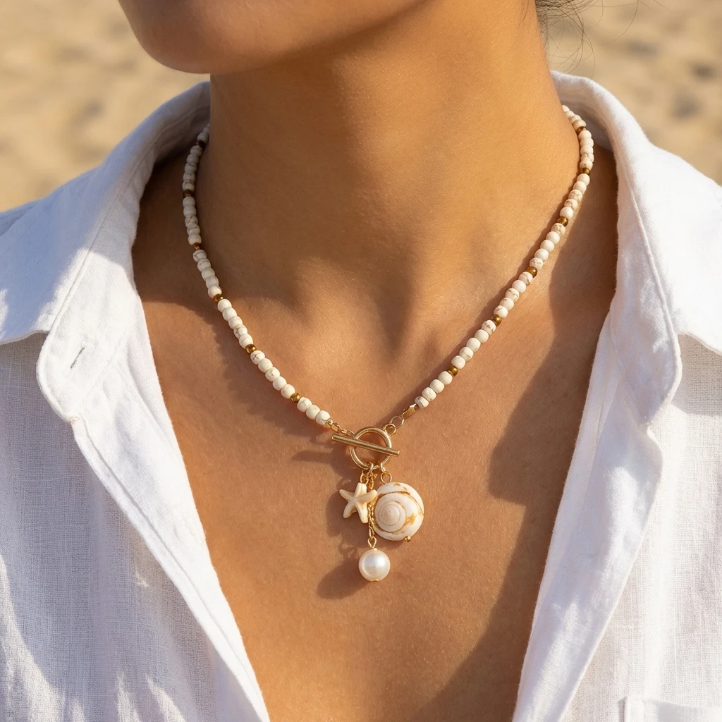 Naszyjnik choker ceramiczny z rybami i rozgwiazdami plażowy Nc26y0071 3