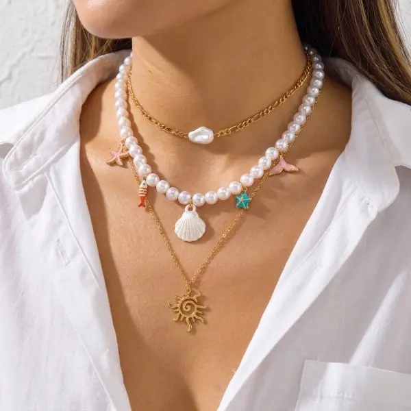 Naszyjnik choker ceramiczny z rybami i rozgwiazdami plażowy Nc26y0134 2
