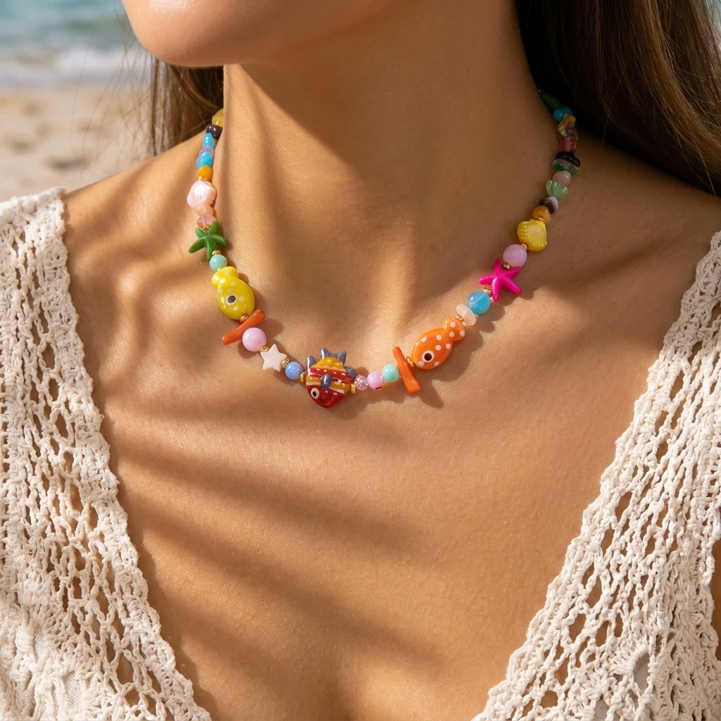 Naszyjnik choker ceramiczny z rybami i rozgwiazdami plażowy Nc26y
