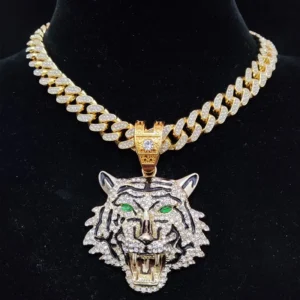 Naszyjnik hip-hop 3D tygrys z łańcuchem kubańskim i kryształami – bling Posrebrzane