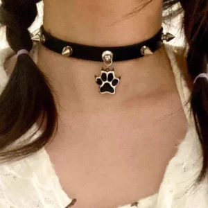 Naszyjnik kocia łapa skórzany choker goth Czarny