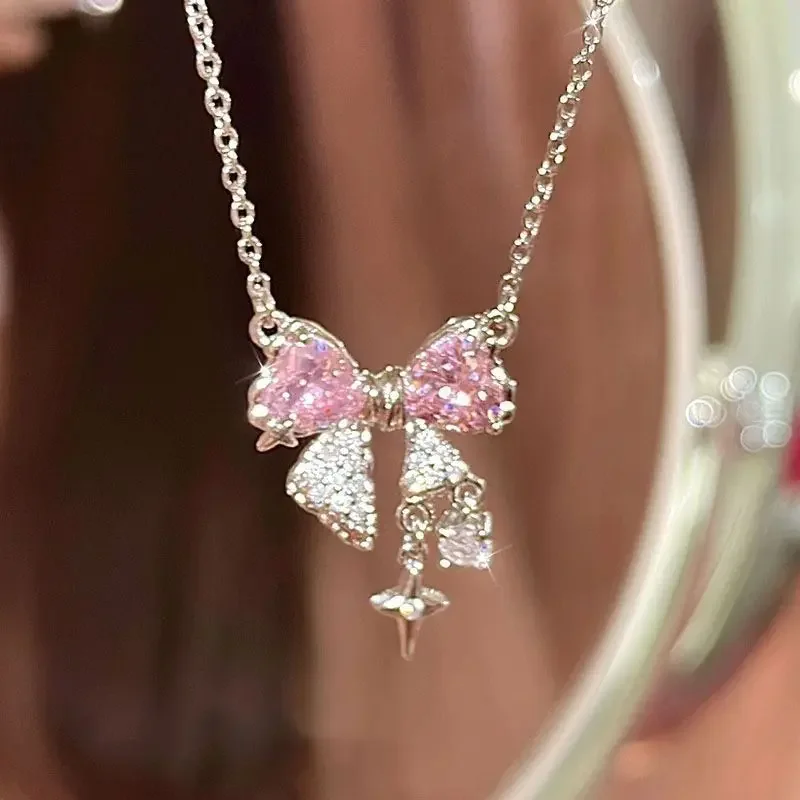 Naszyjnik z kokardką - delikatny choker w stylu koreańskim Różowy