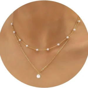 Naszyjnik z perłami złoty warstwowy – pozłacany elegancki choker Złoty